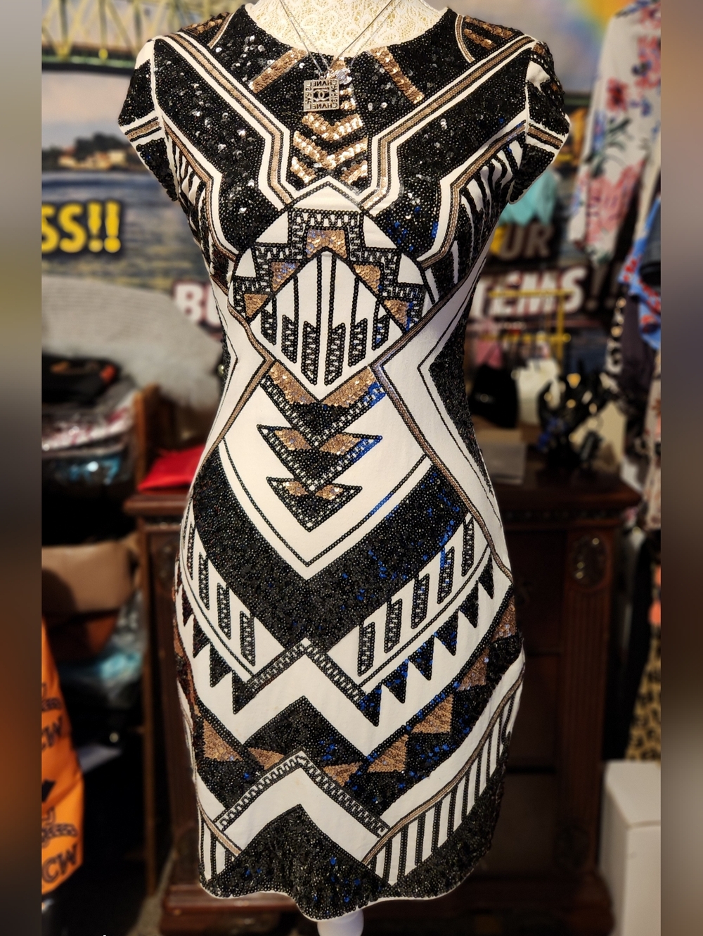 PRELOVED Express SIZE XSMALLNSequin Geometric Mini Dress - Black, White & Gold